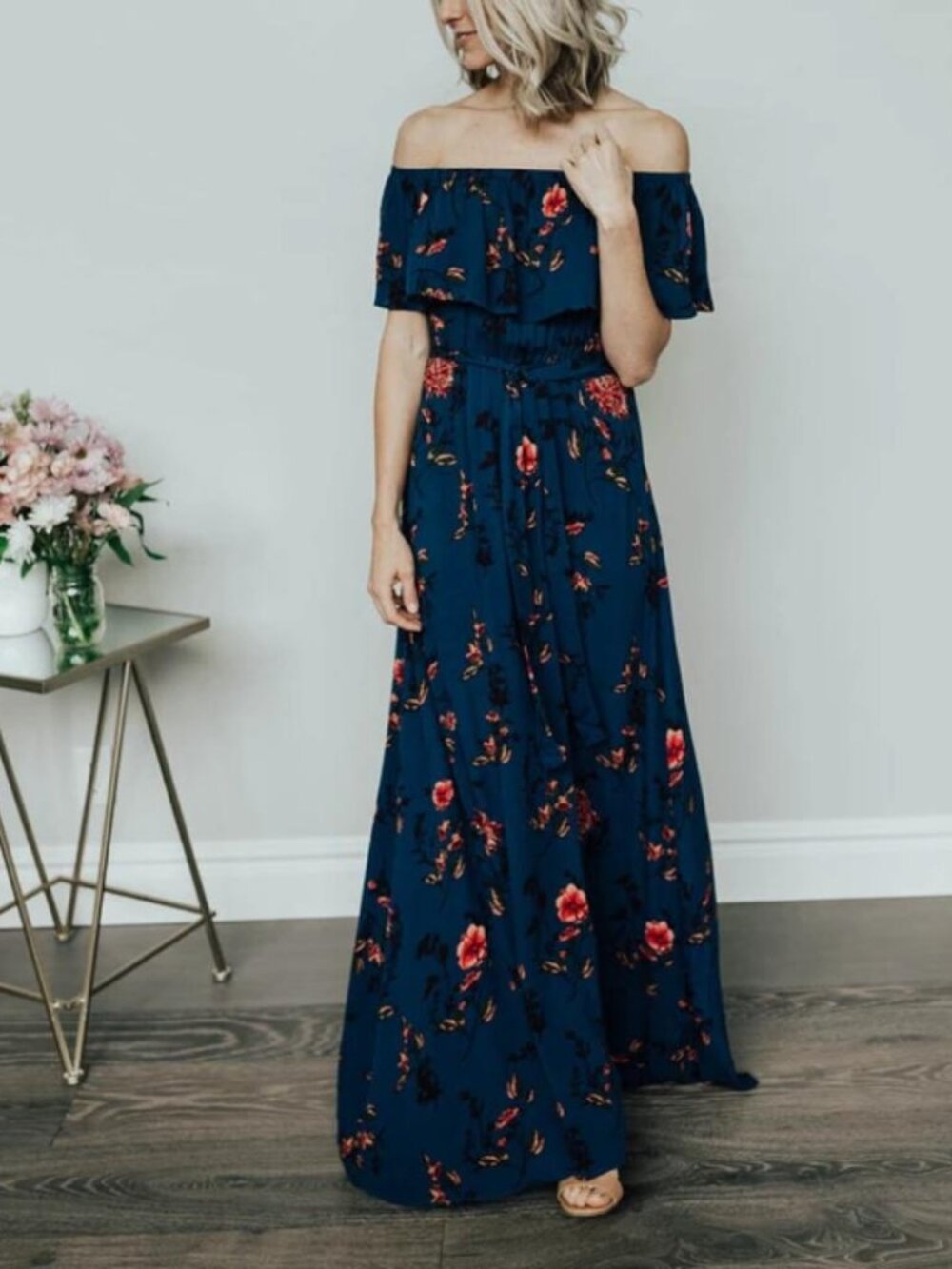Baltic Born Marion Navy Floral Maxi Dress off shoulder flowy boho peasant belted